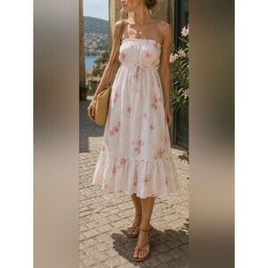 Francesca’s White Pink Floral Strapless Maxi Dress L Lined Cottage Romantic Prai
